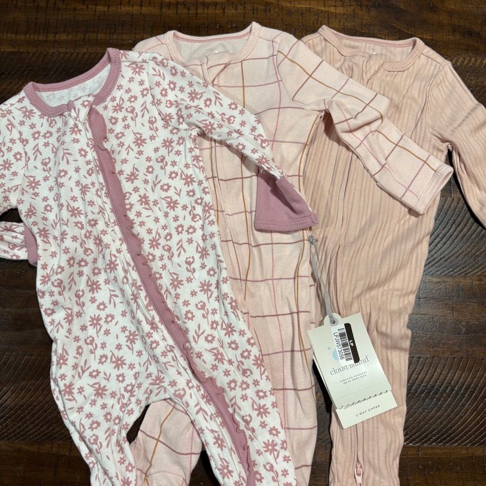 Cloud Island Baby Girls 3 Pack Sleep N Play 0-3M Pink Floral Ribbed 206050125
